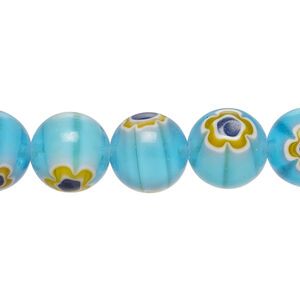 Bead, millefiori glass 1pkg1, translucent dark sky blue / dark blue / yellow-orange, 11-13mm round, 15 inches.
