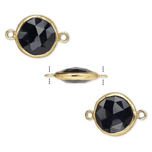 Link, black onyx (dyed) and gold-finished sterling silver, 12mm double-sided faceted round. Sold per pkg of 2.