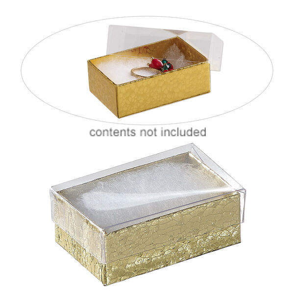 Box, plastic and paper, "cotton"-filled, gold and clear, 2-5/8 x 1-1/2 x 1-inch rectangle. Sold per pkg of 10. image number 0