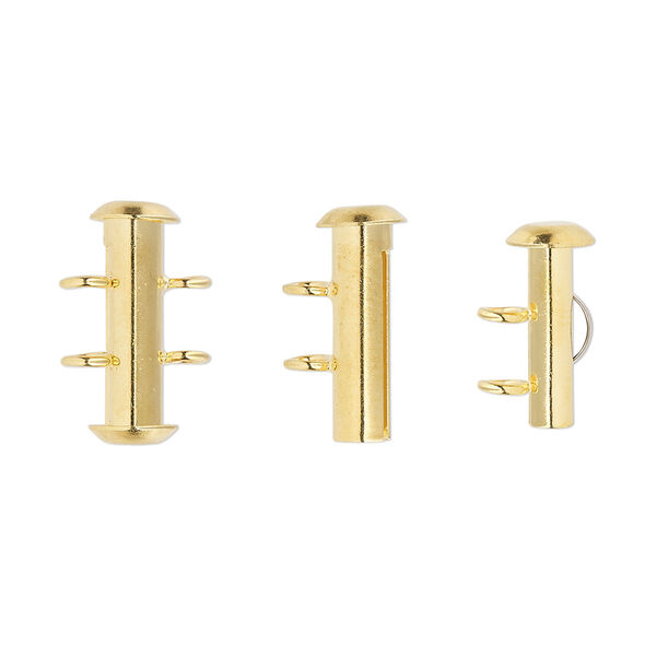 Clasp, 2-strand slide lock, gold-plated brass, 16x6mm round tube. Sold per pkg of 4. image number 0