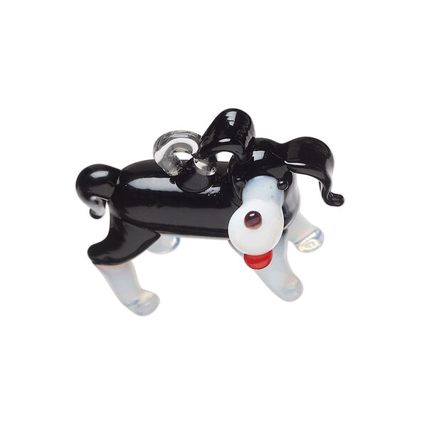 Drop, lampworked glass, opaque black / white / red, 33x25mm 3D dog. Sold individually. image number 0