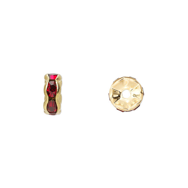 Bead, glass rhinestone and gold-finished brass, garnet red, 8x4mm rondelle. Sold per pkg of 10. image number 0