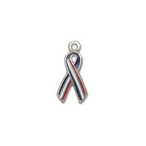 Charm, antiqued pewter (tin-based alloy), red / white / blue, 16x9mm awareness ribbon. Sold per pkg of 2.