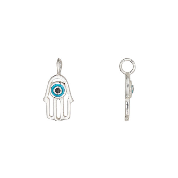 Charm sterling silver / enamel 1pkg1, 11.5x7.5mm Fatima hand perpendicular loop, black / blue image number 0