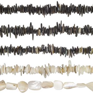 Bead mix, black lip shell / brown lip shell / gold lip shell / mother-of-pearl shell (natural), extra-large chip and mini to medium nugget, Mohs hardness 3-1/2. Sold per (5) 15" to 16" strands.