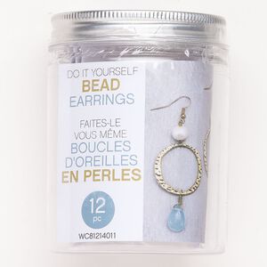 Earring starter kit, steel / glass pearl / glass, pkg/1, antique gold finish / blue / white.