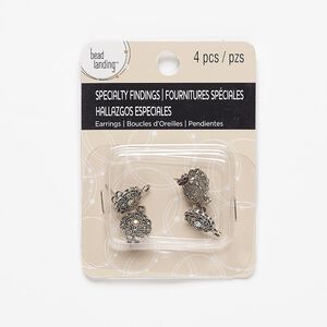 Earstud 1pkg4 "pewter" (zinc-based alloy), 13mm filigree flower / closed loop / earnuts, antique silver-finished / steel / glass rhinestone / clear AB 2 pair