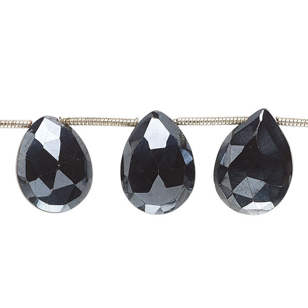 Bead, black spinel (coated), 13x10mm-14x11mm hand-cut faceted puffed teardrop, B grade, Mohs hardness 8. Sold per pkg of 14. image number 0