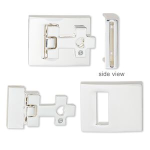 Clasp, hinged buckle 1pkg1, glass rhinestone with silver-finished steel and "pewter" (zinc-based alloy), clear, 29x23mm rectangle with cross and cutout heart with glue-in ends and (6) micro screws, 20x1.5mm inside diameter.