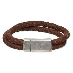 Bracelet, 2-strand, leather (dyed) and antique silver-plated "pewter" (zinc-based alloy), rustic brown, 12mm wide braided, 7 inches with 31x15mm rectangle magnetic clasp. Sold individually.