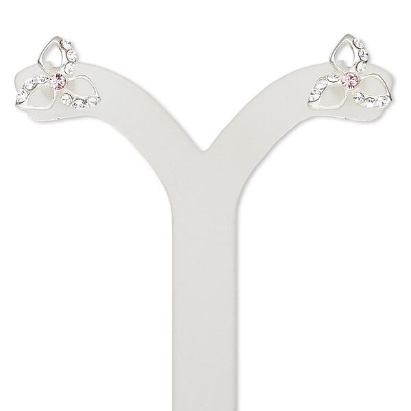 Earstud, Czech glass rhinestone and sterling silver, clear and light rose, 11x9mm flower. Sold per pair. image number 0