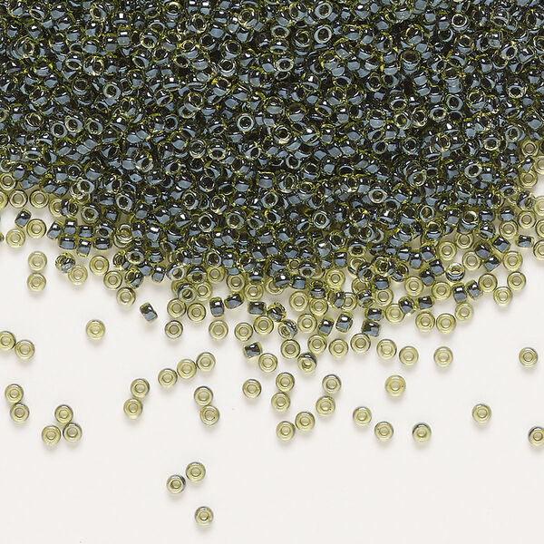 Seed bead, Miyuki, glass, pkg/35g, #15 rocaille, translucent black-lined luster chartreuse (RR-1816). image number 0