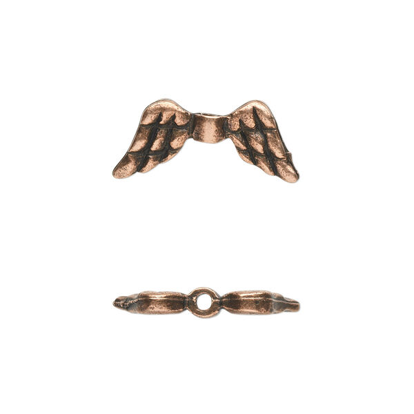 Bead, antique copper-plated pewter (tin-based alloy), 20x9mm double-sided angel wings. Sold per pkg of 2. image number 0
