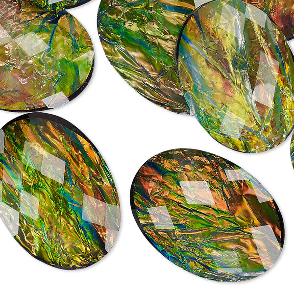 Cabochon, resin, opalescent black and multicolored, 25x18mm non-calibrated faceted oval. Sold per pkg of 12. image number 0