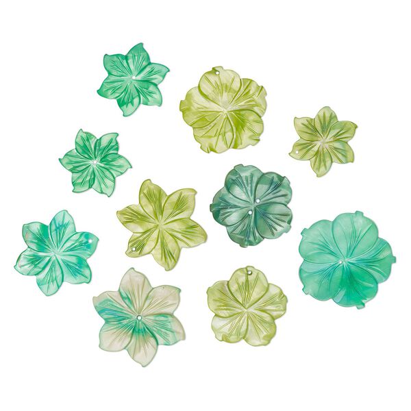 Focal and component mix, mother-of-pearl shell (dyed), multi-green, 24-35mm hand-carved flower, Mohs hardness 3-1/2. Sold per pkg of 10. image number 0