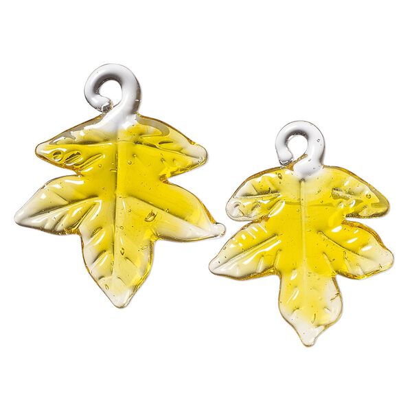 Drop, lampworked glass, transparent yellow, 25x24mm handmade single-sided maple leaf. Sold per pkg of 2. image number 0