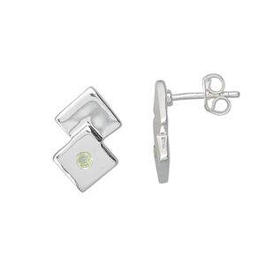 Earring, sterling silver and peridot (natural), 2mm round, 15x9mm double diamond. Sold per pair.