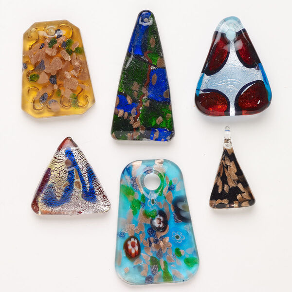 Random focal mix, lampworked glass, opaque and translucent mixed colors with silver-colored foil and copper-colored glitter, 30x24mm-62x50mm top-drilled and undrilled triangle. Sold per pkg of 3. image number 0