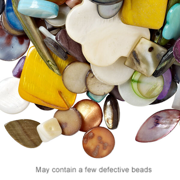 Bead / drop / focal mix, mother-of-pearl shell (natural / bleached / dyed), mixed colors, 4x3mm-35x25mm top-drilled and undrilled mixed shapes, Mohs hardness 3-1/2. Sold per 1/2 pound pkg, approximately 210 pieces. image number 0