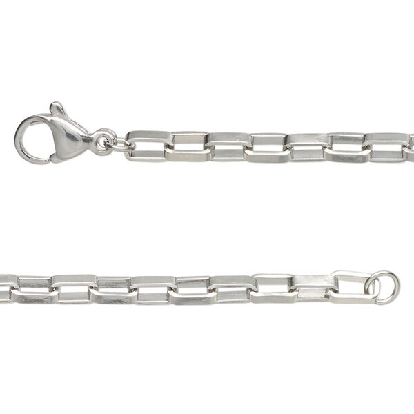 Chain, stainless steel, 3mm rectangular box, 24 inches with lobster claw clasp Sold per pkg of 2. image number 0