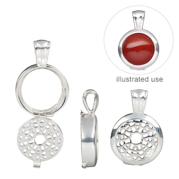 Pendant, sterling silver, 24x17mm hinged round with flower design and 14mm cabochon setting. Sold individually. image number 0