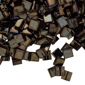 Seed bead, TILA®, glass, pkg/40g, 5mm full tila square, opaque metallic rainbow dark olive, (TL-458).