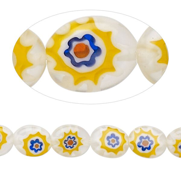 Bead, millefiori glass, translucent clear and multicolored, 10x8mm puffed oval with flower design. Sold per 14-inch strand. image number 0