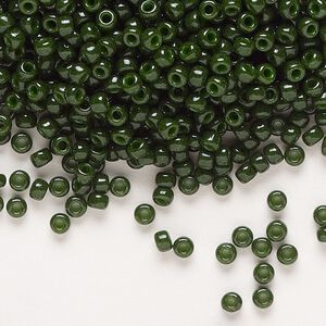 Seed bead, Miyuki, glass, pkg/50g, #8 rocaille, opaque outside dyed olive green, (RR-1488).
