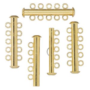 Clasp, 5-strand slide lock, gold-finished brass, 32x10mm tube. Sold per pkg of 4.