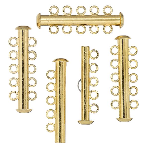Clasp, 5-strand slide lock, gold-finished brass, 32x10mm tube. Sold per pkg of 4. image number 0