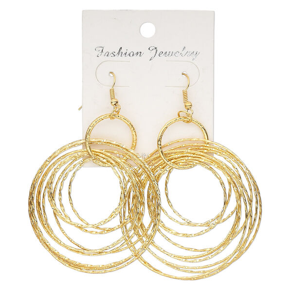 Earring, gold-finished steel, 3-1/2 inch graduated textured circles with fishhook ear wire. Sold per pair. image number 0