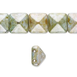 Spacer, Preciosa, Czech pressed glass, marbled opaque green and brown luster, 11x11x7.5mm 2-strand pyramid, fits up to 5.5mm bead. Sold per 8-inch strand, approximately 15 spacers.