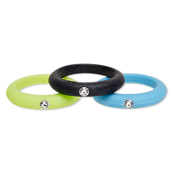 Ring, stretch, glass rhinestone and silicone, black / green / turquoise blue, 4mm wide, size 7.5 to 9. Sold per pkg of 3. image number 0