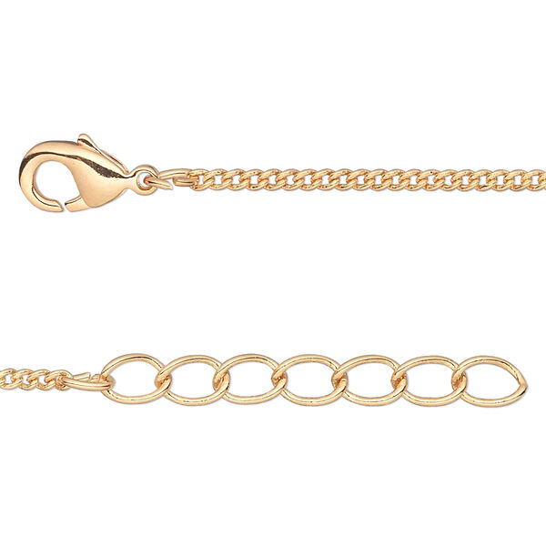 Chain, gold-finished brass, 1.5mm curb, 24 inches with 1-1/4 inch extender chain and lobster claw clasp. Sold per pkg of 2. image number 0