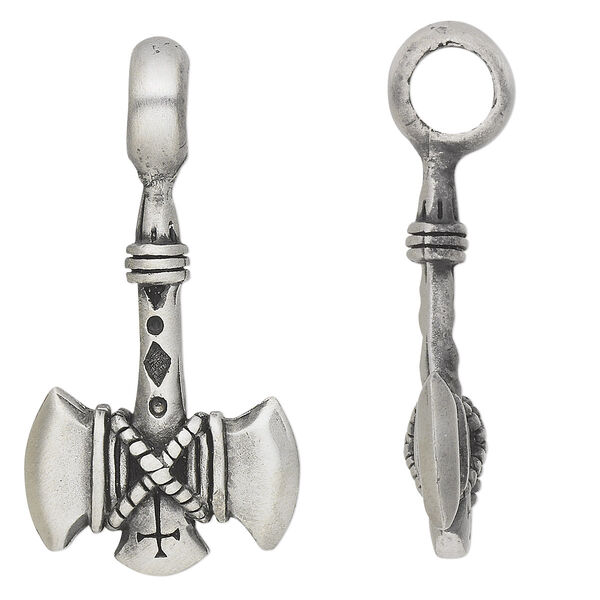 Pendant, antiqued pewter (tin-based alloy), 43x22mm double-sided axe with cross. Sold individually. image number 0