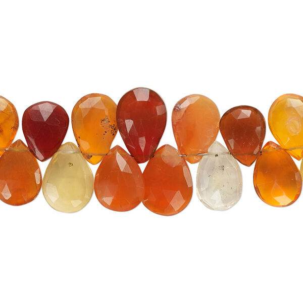 Bead, fire opal (natural), shaded, 7x5mm-10x7mm graduated hand-cut top-drilled faceted flat teardrop, B grade, Mohs hardness 5 to 6-1/2. Sold per 4-inch strand, approximately 25 beads. image number 0