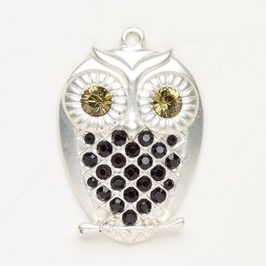 Brass / acrylic 1pkg1, owl focal matte silver-finished / black / yellow-green 39x29mm