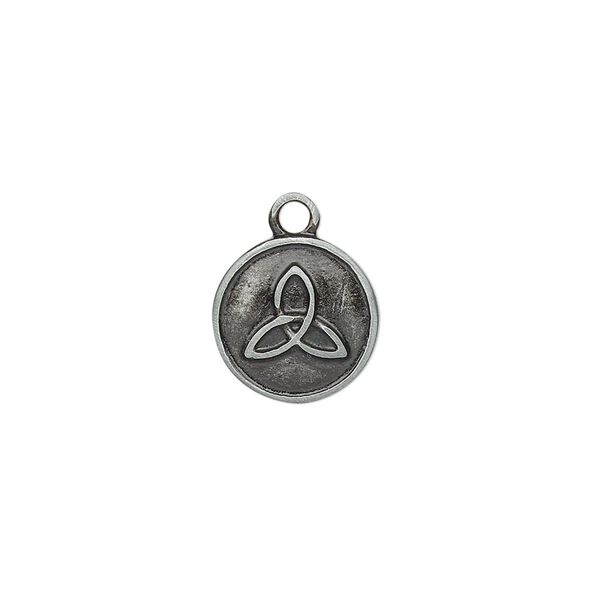 Drop, enamel and "pewter" (zinc-based alloy), black, 12mm double-sided round with Celtic triangle knot. Sold individually. image number 0