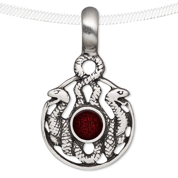 Pendant, enamel and antiqued pewter (tin-based alloy), red, 43x25mm round with snakes. Sold individually. image number 0