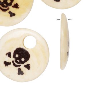 Drop, bone (dyed), antiqued and dark brown, 28mm hand-carved flat round with skull design, Mohs hardness 2-1/2. Sold per pkg of 4.