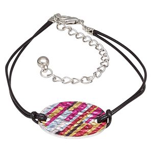 Bracelet, mylar / waxed cotton cord / imitation rhodium-plated steel / "pewter" (zinc-based alloy), black and multicolored, 27x20mm oval with line design, 8 inches with 3-inch extender chain and lobster claw clasp. Sold individually.