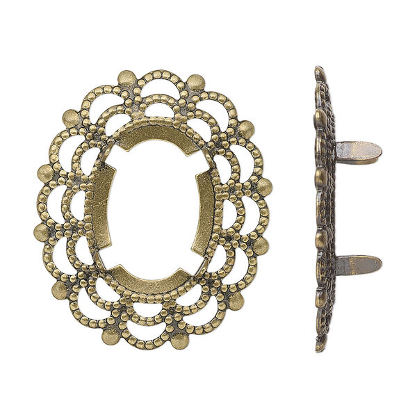 Component, antique gold-plated brass, 30x25mm oval with 18x13mm 4-prong oval setting. Sold per pkg of 12. image number 0