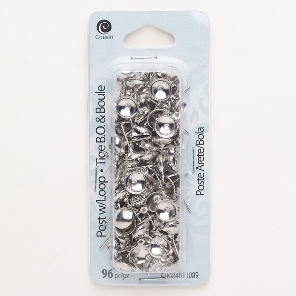 Earstud, steel, pkg/48 pairs, antique silver finish, 10x8mm with closed loop and 6.5mm round setting. image number 0