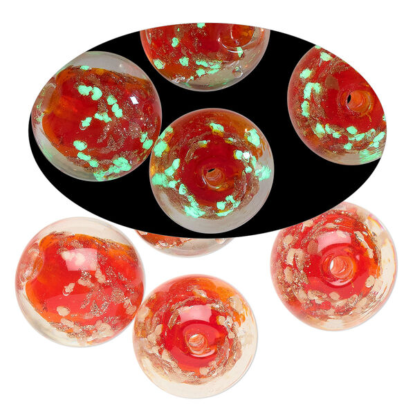 Bead, lampworked glass, clear / red / glow-in-the-dark / gold, 14mm round. Sold per pkg of 4. image number 0