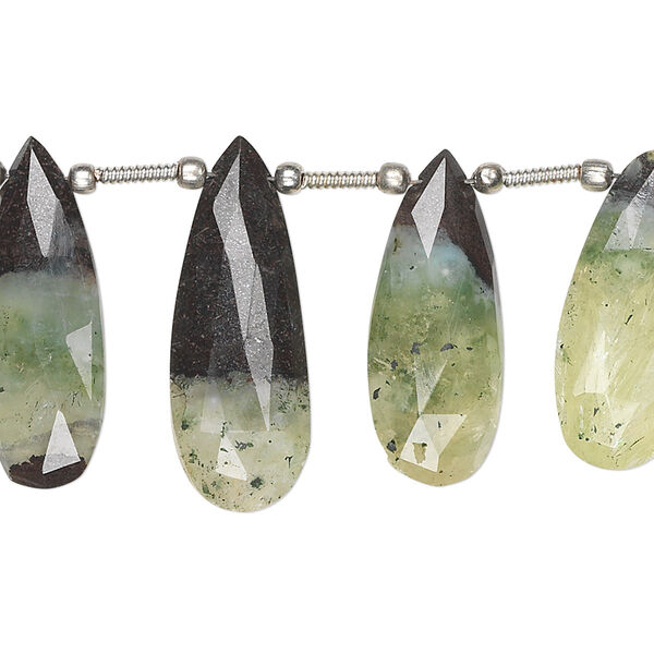 Bead, prehnite (natural), 12x8mm-32x12mm graduated hand-cut top-drilled faceted flat teardrop, B grade, Mohs hardness 6 to 6-1/2. Sold per 8-inch strand, approximately 10 beads. image number 0