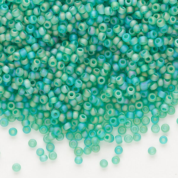 Seed bead, Dyna-Mites™, glass, pkg/1/2kg, #11 round, translucent frosted rainbow jade green, (20FAB 11/0 RR). image number 0