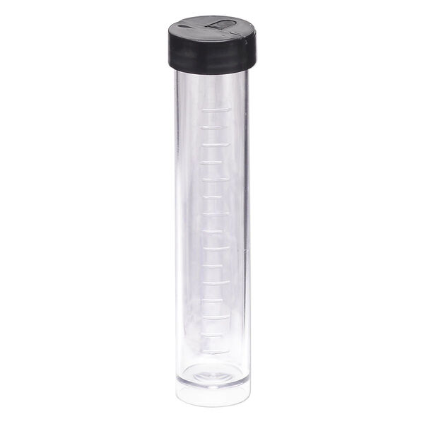 Display, acrylic, clear, 5-3/4x3-3/4 inch rectangle rack with 24 clear 4x3/4 inch wide vials with black twist-on caps with hang-tabs. Sold per set. image number 2