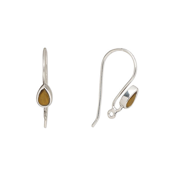 Ear wire, tigereye (natural) and sterling silver, 16mm fishhook with 6x4mm teardrop and closed loop, 22 gauge. Sold per pair. image number 0