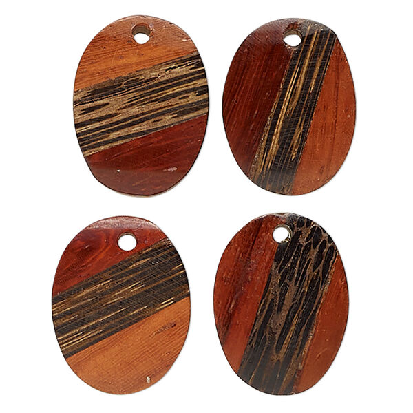 Drop, mango wood (dyed/assembled), brown / tan / red, 26x20mm-24x18mm top-drilled single-sided flat oval. Sold per pkg of 4. image number 0