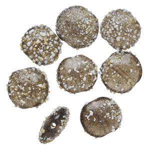 Bead, lampworked glass, translucent grey and white, 18x11mm bumpy flat round. Sold per pkg of 8.